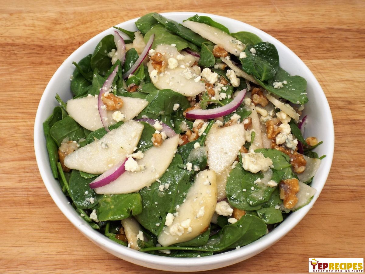 Pear and Baby Spinach Salad with Walnuts and Blue Cheese recipe