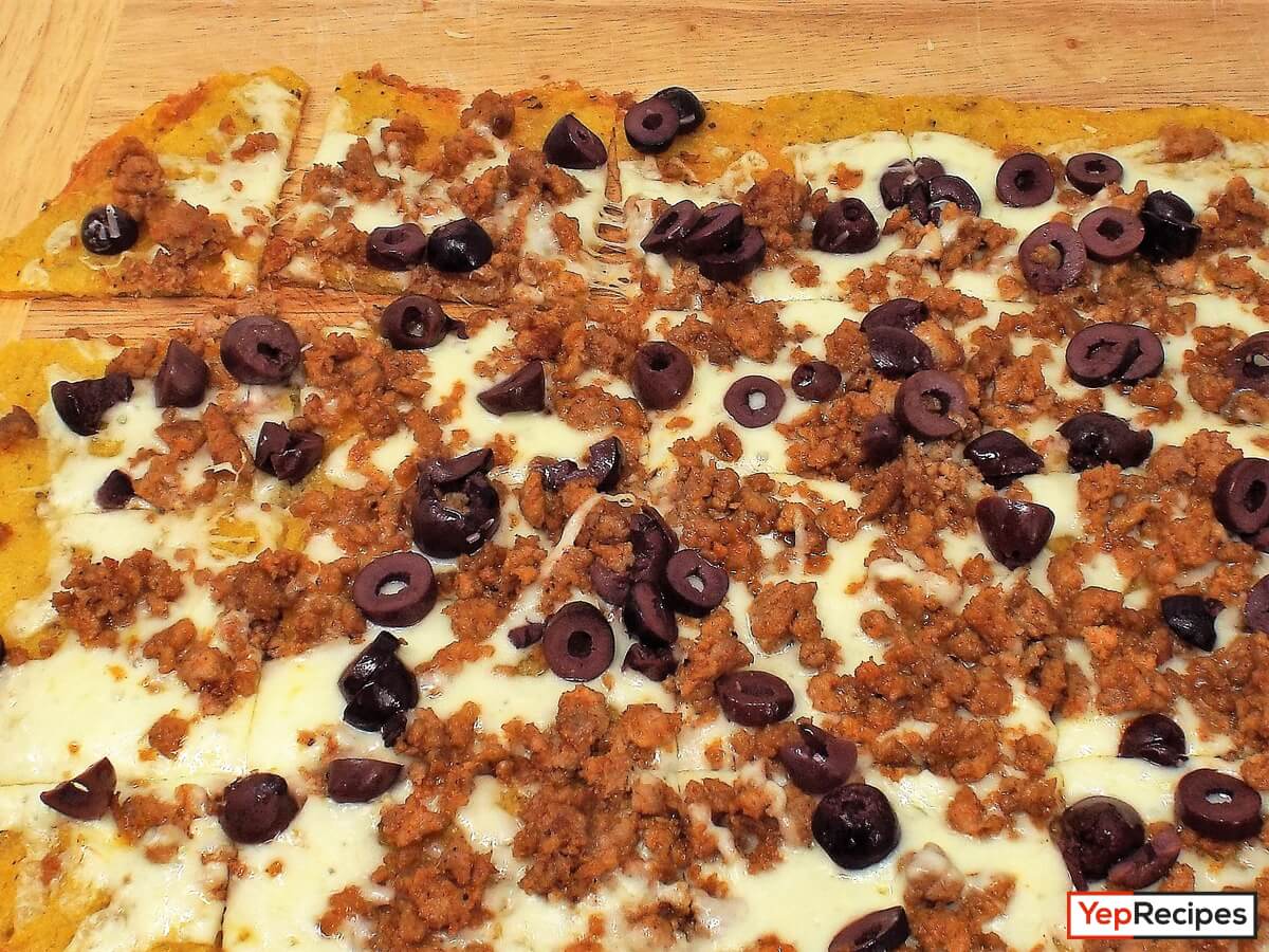 Polenta Pizza Squares with Ground Pork and Kalamata Olives recipe