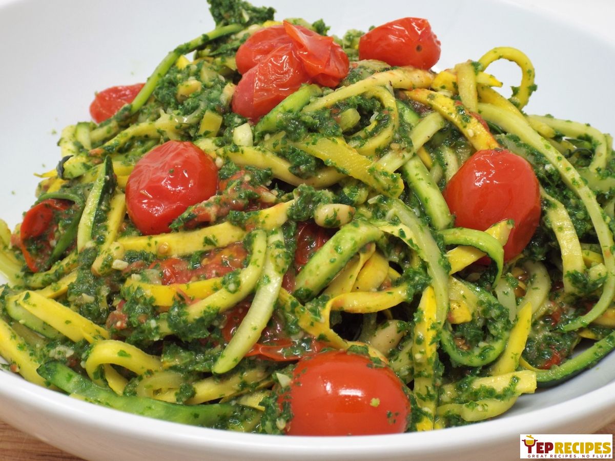 Squoodles and Zoodles in Kale Pesto with Tomatoes recipe