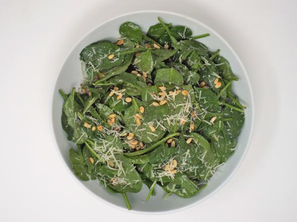 Parmesan Spinach Salad with Toasted Pine Nuts