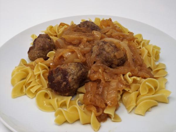 French Onion Meatballs with Egg Noodles recipe