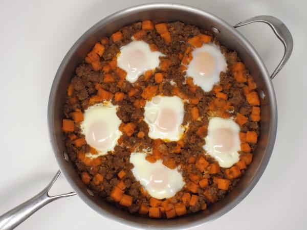 Chorizo and Sweet Potato Hash with Eggs