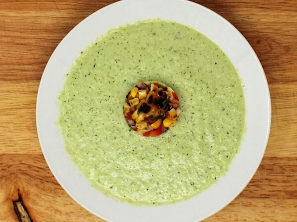Chilled Cucumber Soup with Grilled Corn Salsa